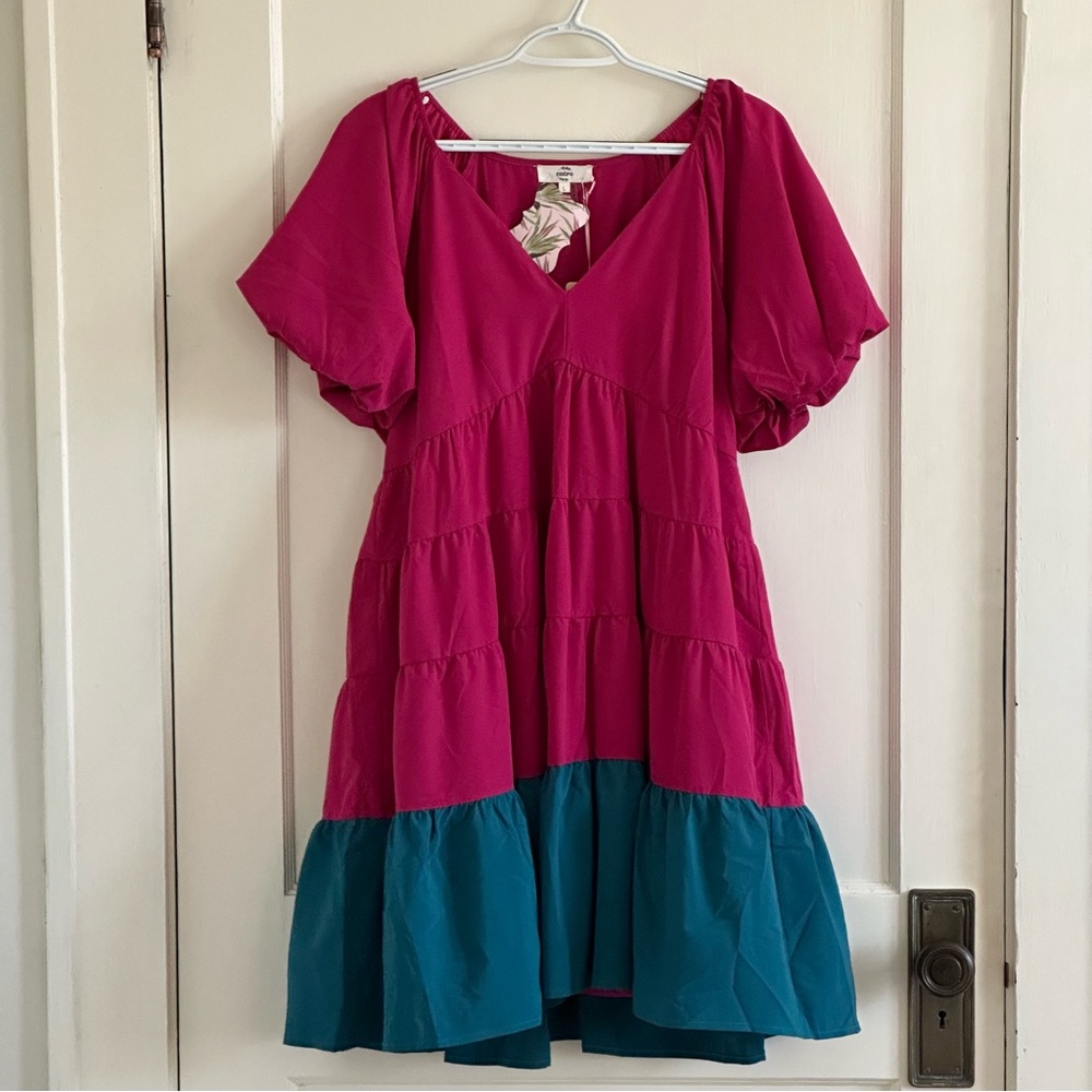 Entro magenta color-block puff sleeve dress